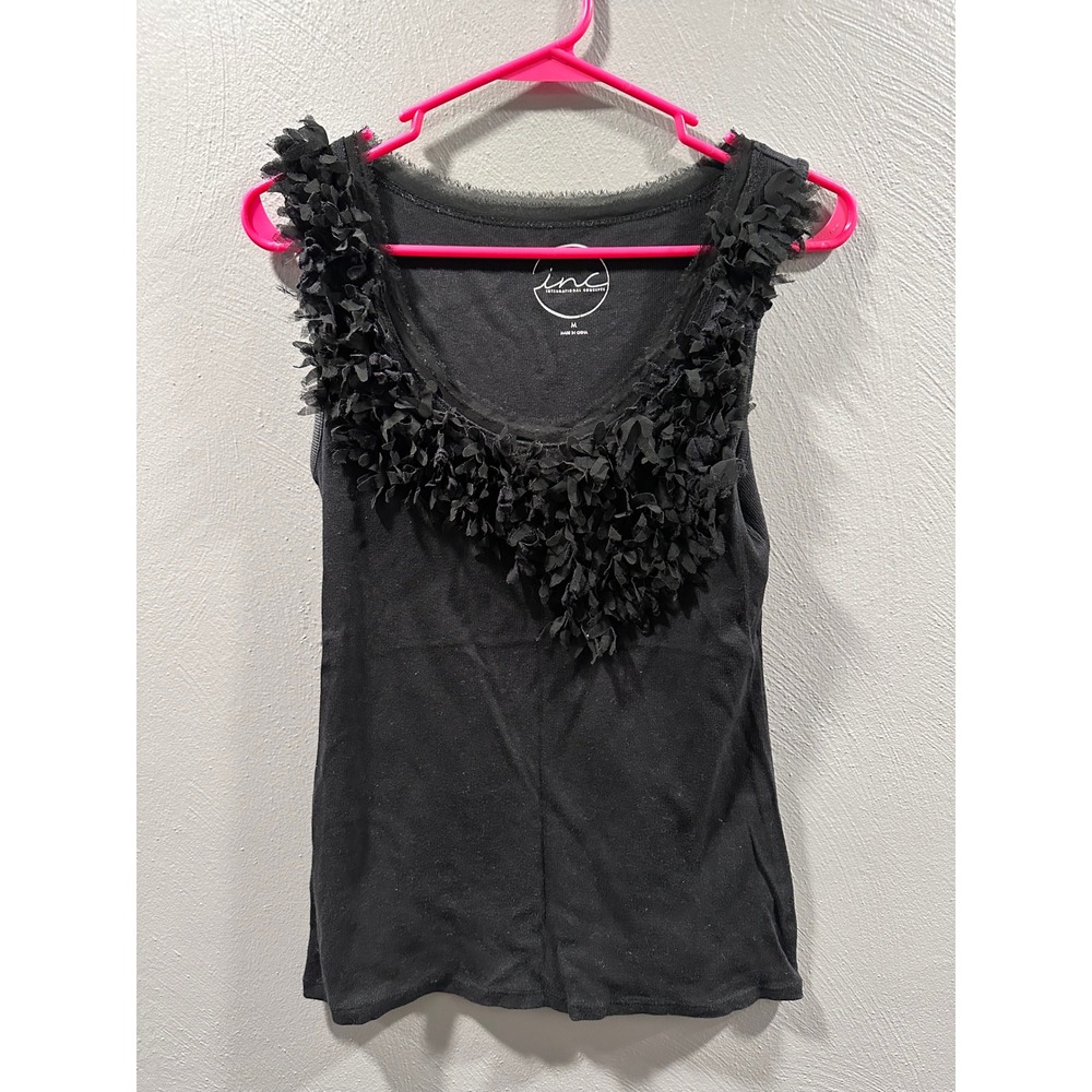 INC International Concepts Black Floral Applique Ribbed Tank Top Medium